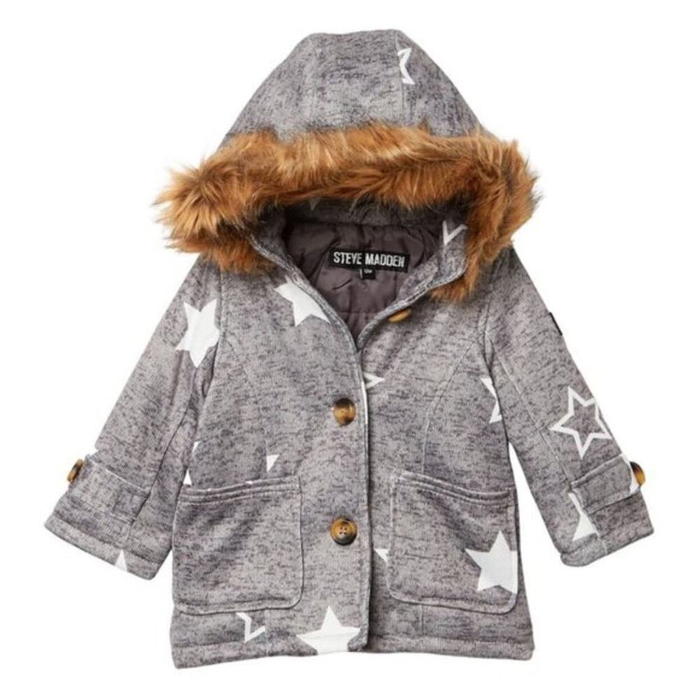 Steve Madden Faux Fur Trim Star Coat in Grey